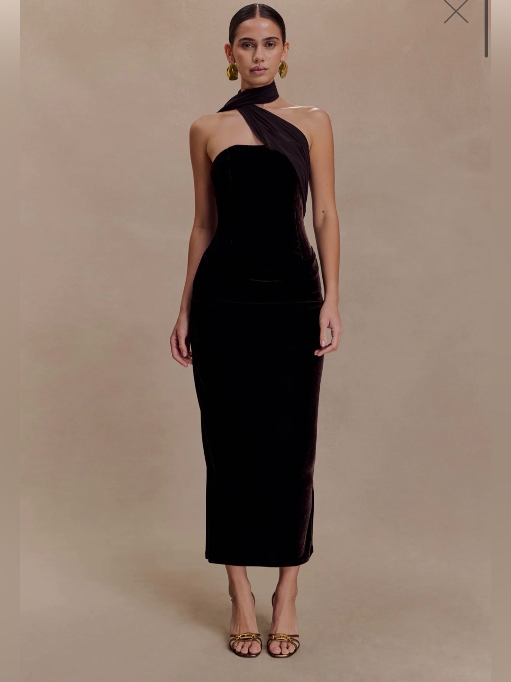 Meshki Chocolate Brown Velvet One-Shoulder Midi Dress